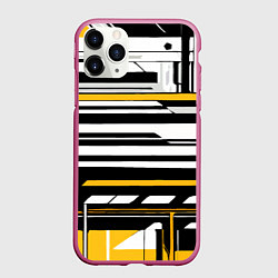Чехол iPhone 11 Pro матовый Жёлто-белые технологические линии на чёрном фоне, цвет: 3D-малиновый