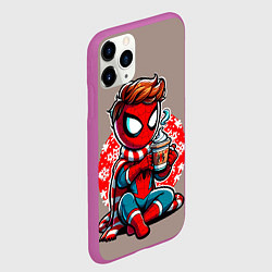 Чехол iPhone 11 Pro матовый Новогодний человек-паук с горячим шоколадом, цвет: 3D-фиолетовый — фото 2