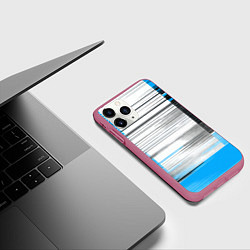 Чехол iPhone 11 Pro матовый Чёрные вертикальные полосы на сине-белом фоне, цвет: 3D-малиновый — фото 2