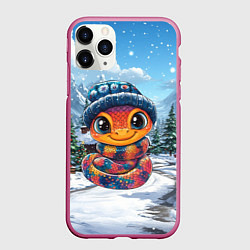 Чехол iPhone 11 Pro матовый Милая змейка на новогоднем фоне, цвет: 3D-малиновый