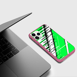 Чехол iPhone 11 Pro матовый Чёрно-белые глитч полосы на зелёном фоне, цвет: 3D-малиновый — фото 2