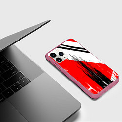 Чехол iPhone 11 Pro матовый Вертикальные чёрные линии на красно-белом фоне, цвет: 3D-малиновый — фото 2
