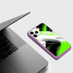 Чехол iPhone 11 Pro матовый Диагональные бело-зелёные линии на чёрном фоне, цвет: 3D-фиолетовый — фото 2