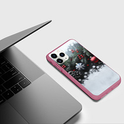 Чехол iPhone 11 Pro матовый Елочные игрушки и снег, цвет: 3D-малиновый — фото 2