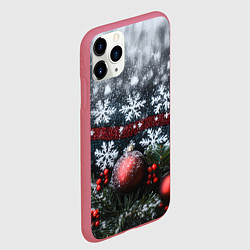 Чехол iPhone 11 Pro матовый Новогодние снежинки, цвет: 3D-малиновый — фото 2