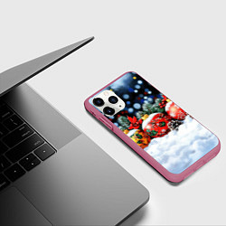 Чехол iPhone 11 Pro матовый Новогодние шарики на снегу, цвет: 3D-малиновый — фото 2