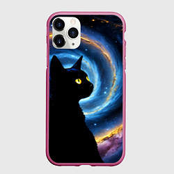 Чехол iPhone 11 Pro матовый Кот на фоне космоса, цвет: 3D-малиновый