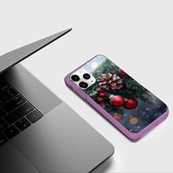 Чехол iPhone 11 Pro матовый Красные игрушки на елке и шишки, цвет: 3D-фиолетовый — фото 2