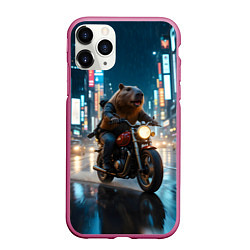 Чехол iPhone 11 Pro матовый Капибара байкер, цвет: 3D-малиновый