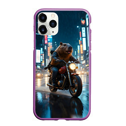 Чехол iPhone 11 Pro матовый Капибара байкер, цвет: 3D-фиолетовый