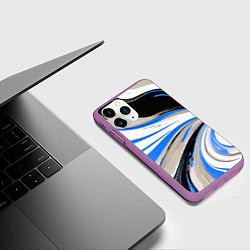 Чехол iPhone 11 Pro матовый Волнистые бело-синие линии на чёрном фоне, цвет: 3D-фиолетовый — фото 2