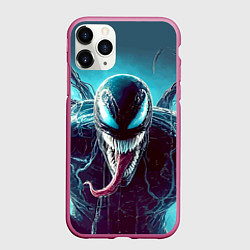 Чехол iPhone 11 Pro матовый Свирепый Веном - неоновое свечение, цвет: 3D-малиновый