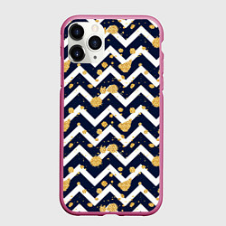 Чехол iPhone 11 Pro матовый Золотые кляксы на фоне бело-синего паттерна, цвет: 3D-малиновый
