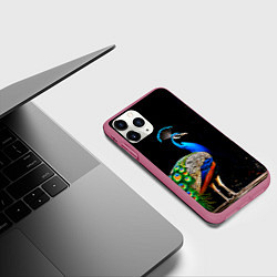 Чехол iPhone 11 Pro матовый Павлин на черном, цвет: 3D-малиновый — фото 2