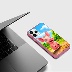 Чехол iPhone 11 Pro матовый Веселая свинка, цвет: 3D-малиновый — фото 2