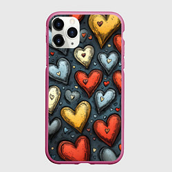 Чехол iPhone 11 Pro матовый Разноцветные сердца, цвет: 3D-малиновый
