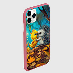 Чехол iPhone 11 Pro матовый Милые ежик с цыпленком в осеннем лесу, цвет: 3D-малиновый — фото 2