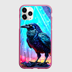 Чехол iPhone 11 Pro матовый Черный ворон в неоне, цвет: 3D-малиновый