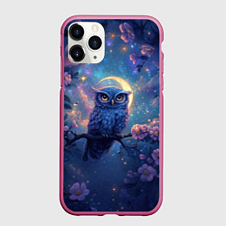 Чехол iPhone 11 Pro матовый Сова и фиолетовые цветы, цвет: 3D-малиновый