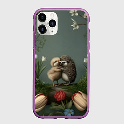 Чехол iPhone 11 Pro матовый Ежик и цыпленок обнимаются, цвет: 3D-фиолетовый
