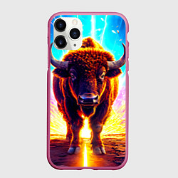 Чехол iPhone 11 Pro матовый Буйвол в неонновых лучах, цвет: 3D-малиновый