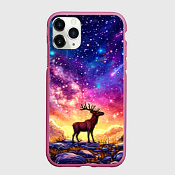 Чехол iPhone 11 Pro матовый Лось и звездное небо, цвет: 3D-малиновый