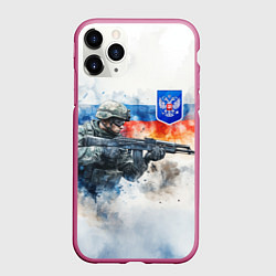 Чехол iPhone 11 Pro матовый Русский солдат и синий герб РФ, цвет: 3D-малиновый