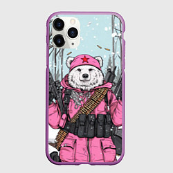 Чехол iPhone 11 Pro матовый Русский медведь в розовой куртке, цвет: 3D-фиолетовый