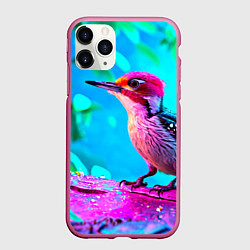 Чехол iPhone 11 Pro матовый Дятел и яркий пейзаж, цвет: 3D-малиновый