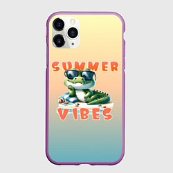 Чехол iPhone 11 Pro матовый Крокодил на пляже, цвет: 3D-фиолетовый