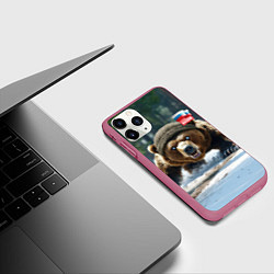 Чехол iPhone 11 Pro матовый Медведь страж границ, цвет: 3D-малиновый — фото 2