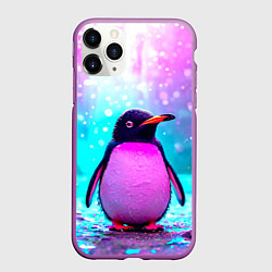 Чехол iPhone 11 Pro матовый Пингвин в неоновых искрах, цвет: 3D-фиолетовый
