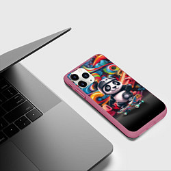 Чехол iPhone 11 Pro матовый Панда - крутой скейтбордист на фоне граффити, цвет: 3D-малиновый — фото 2