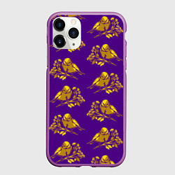 Чехол iPhone 11 Pro матовый Золотые птички на индиго, цвет: 3D-фиолетовый