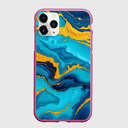 Чехол iPhone 11 Pro матовый Синяя абстракция с золотым, цвет: 3D-малиновый