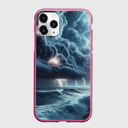 Чехол iPhone 11 Pro матовый Шторм на море - сверкание молний, цвет: 3D-малиновый