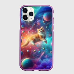 Чехол iPhone 11 Pro матовый Рыжий космический котёнок - неоновое свечение, цвет: 3D-фиолетовый