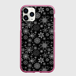 Чехол iPhone 11 Pro матовый Белые снежинки на черном, цвет: 3D-малиновый