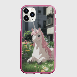 Чехол iPhone 11 Pro матовый Единорог в городе, цвет: 3D-малиновый