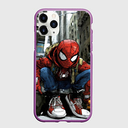 Чехол iPhone 11 Pro матовый Человек-паук в больших кедах, цвет: 3D-фиолетовый
