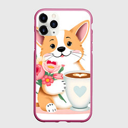 Чехол iPhone 11 Pro матовый Поздравляющий корги с цветами, цвет: 3D-малиновый