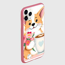 Чехол iPhone 11 Pro матовый Поздравляющий корги с цветами, цвет: 3D-малиновый — фото 2