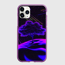 Чехол iPhone 11 Pro матовый Дерево и звездопад неоновый космос, цвет: 3D-фиолетовый