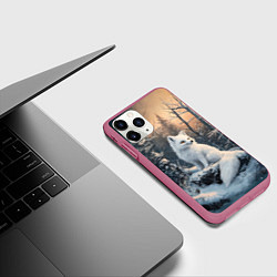 Чехол iPhone 11 Pro матовый Белый лисенок в зимнем лесу, цвет: 3D-малиновый — фото 2