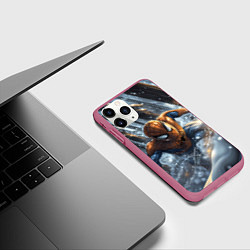 Чехол iPhone 11 Pro матовый Человек-паук в зимнем лесу, цвет: 3D-малиновый — фото 2