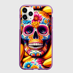 Чехол iPhone 11 Pro матовый Цветочный череп среди бананов - нейроарт, цвет: 3D-фиолетовый