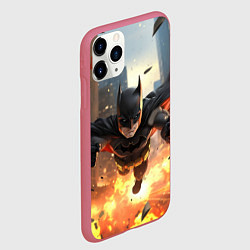 Чехол iPhone 11 Pro матовый Бэтмен в полете над огнем, цвет: 3D-малиновый — фото 2