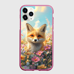 Чехол iPhone 11 Pro матовый Лиса в цветочном поле, цвет: 3D-малиновый