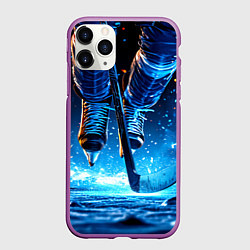 Чехол iPhone 11 Pro матовый Хоккеист в синем пламени