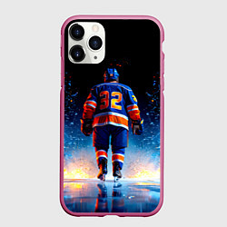 Чехол iPhone 11 Pro матовый Хоккеист в синем пламени, цвет: 3D-малиновый